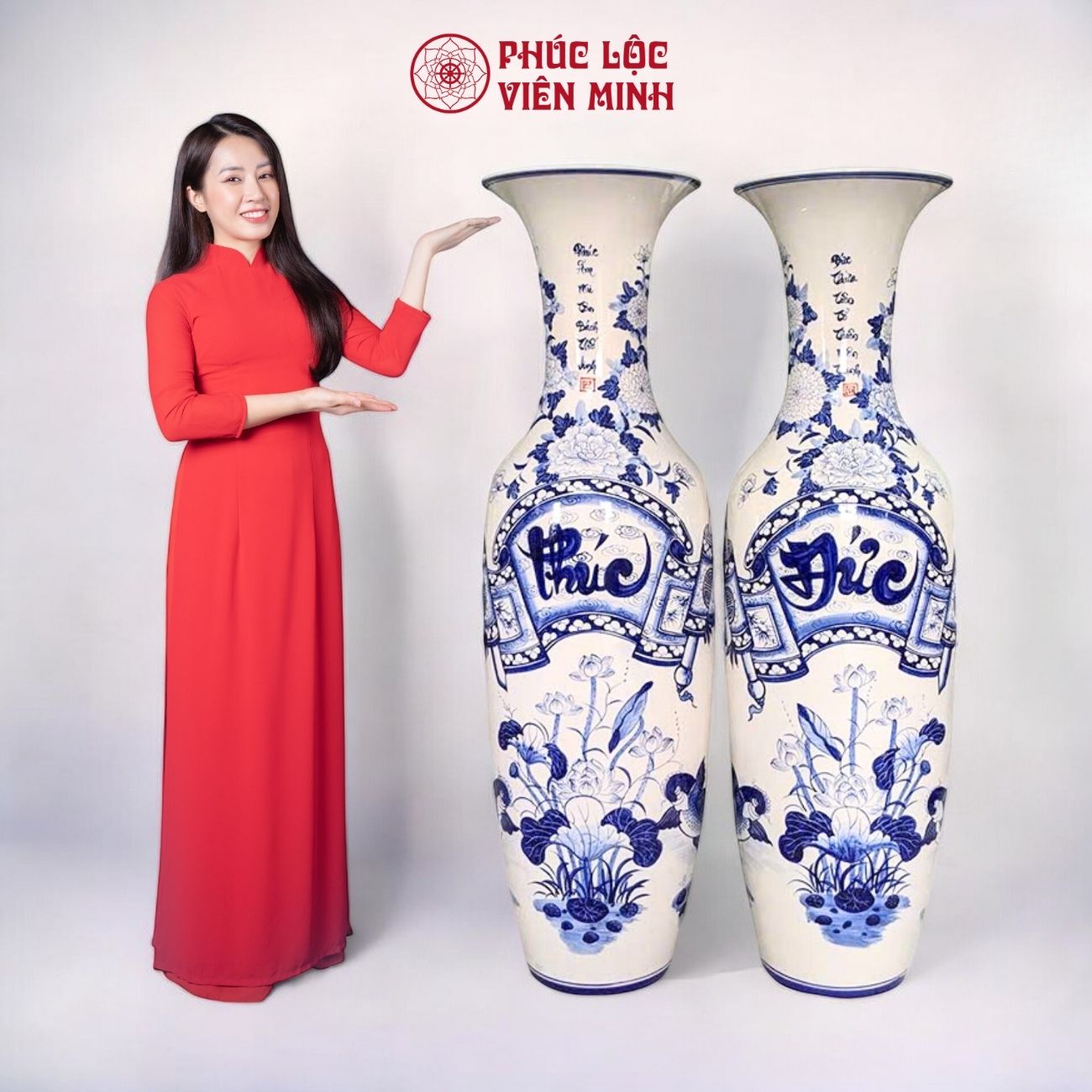 Đôi Lộc Bình Họa Tiết Phúc Đức Gốm Sứ Bát Tràng - Phúc Lộc Viên Minh - PL066