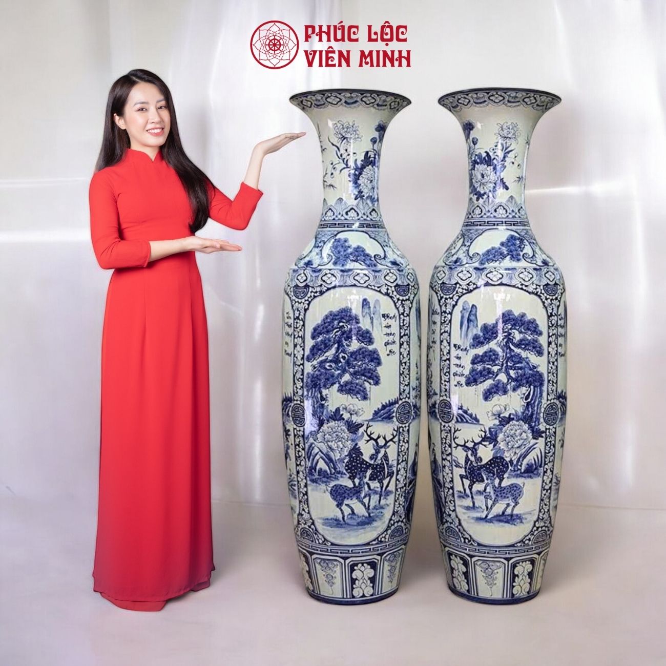 Đôi Lộc Bình Họa Tiết Tứ Cảnh Gốm Sứ Bát Tràng - Phúc Lộc Viên Minh - PL067