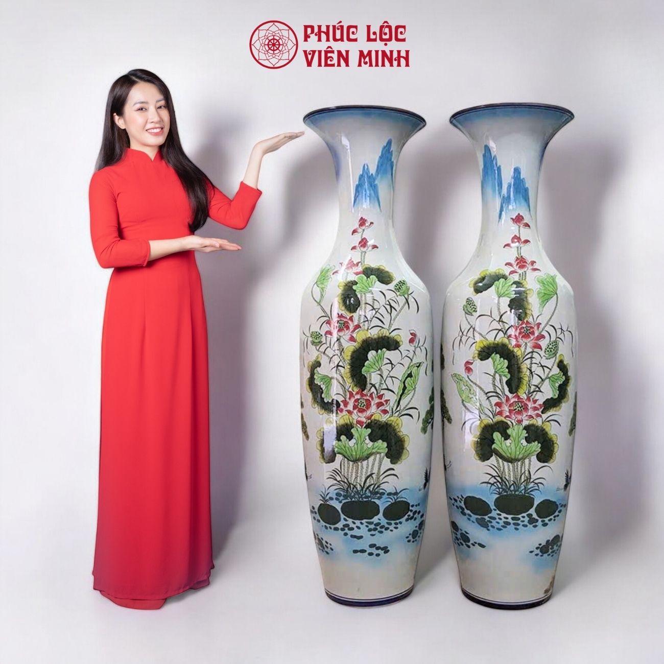 Đôi Lộc Bình Họa Tiết Đơn Cảnh Gốm Sứ Bát Tràng - Phúc Lộc Viên Minh - PL070