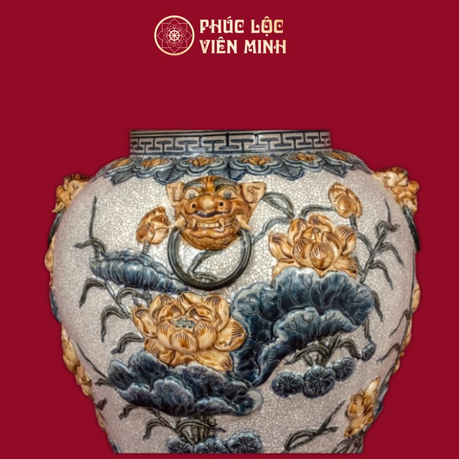 Chóe Liên Hoa Cát Tường 60L Men Rạn Đắp Nổi Gốm Sứ Bát Tràng - Phúc Lộc Viên Minh