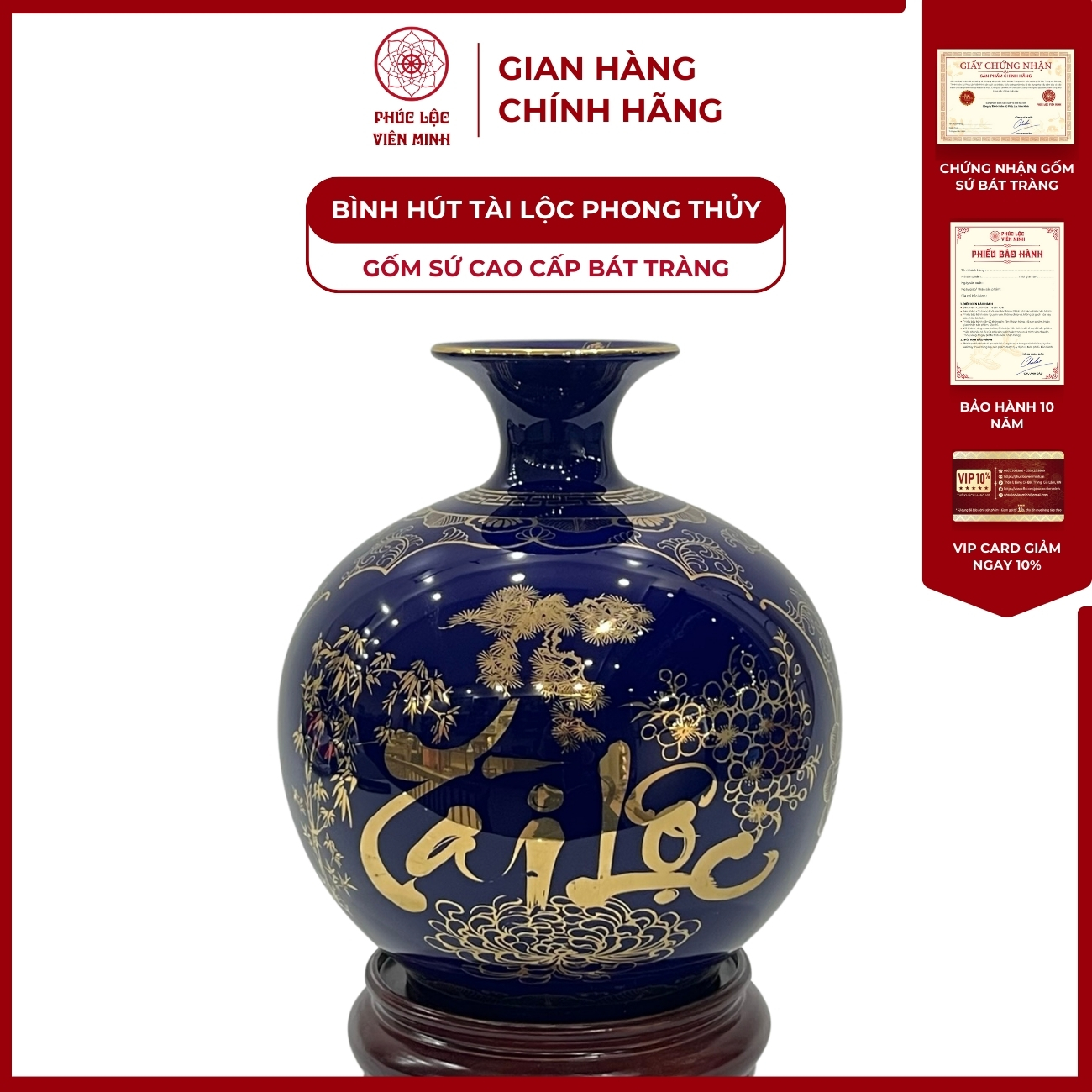Bình Hút Lộc Nhị Cảnh Thuận Buồm Xuôi Gió, Tài Lộc Dán Decal Vàng Kim Gốm Sứ Bát Tràng - Phúc Lộc Viên Minh