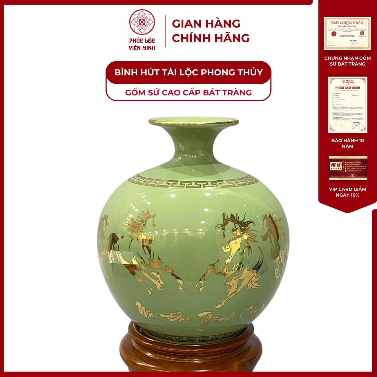 Bình Hút Lộc Mã Đáo Thành Công Dán Decal Vàng Kim Gốm Sứ Bát Tràng - Phúc Lộc Viên Minh