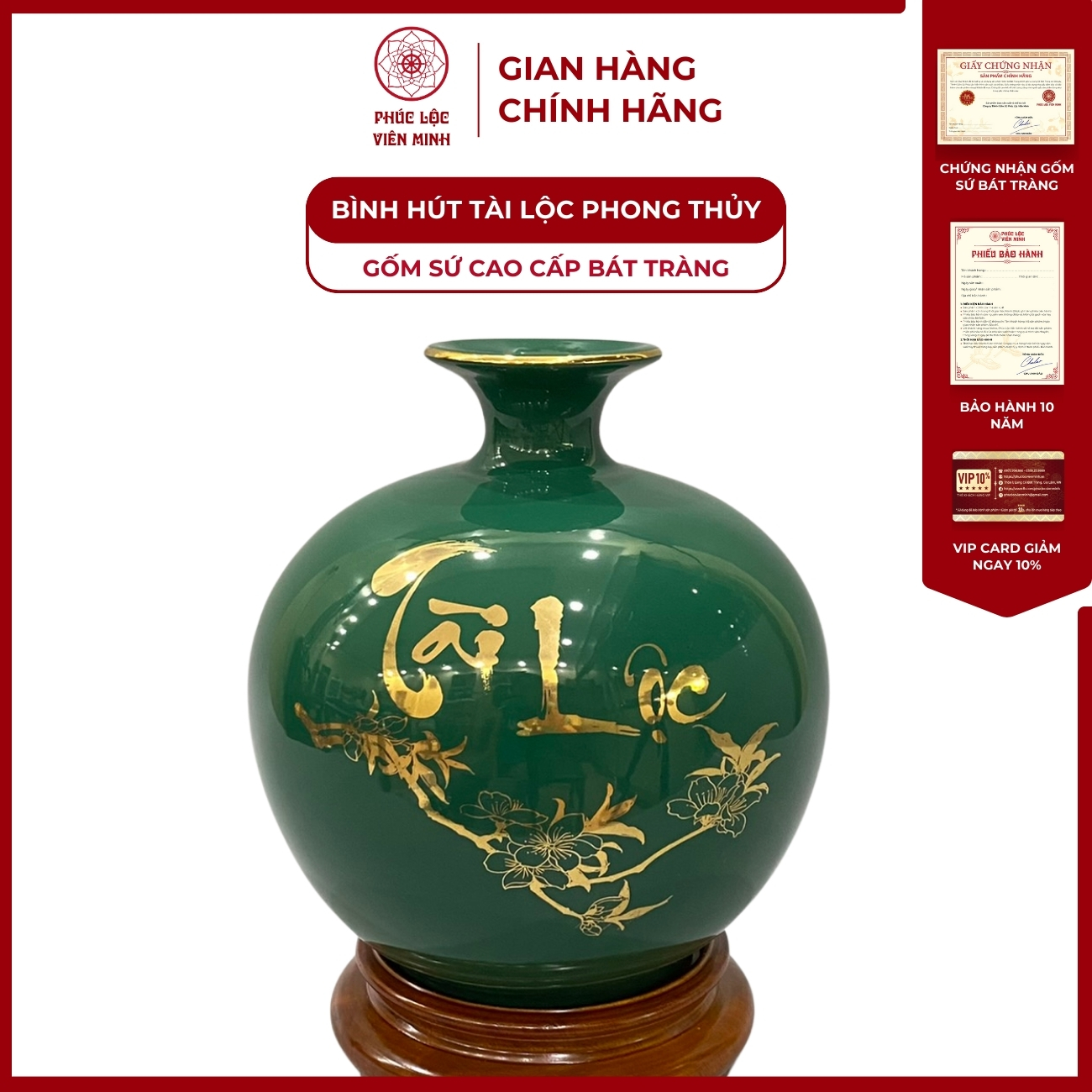Bình Hút Lộc Chim Công Tài Lộc Dán Decal Vàng Kim Gốm Sứ Bát Tràng - Phúc Lộc Viên Minh
