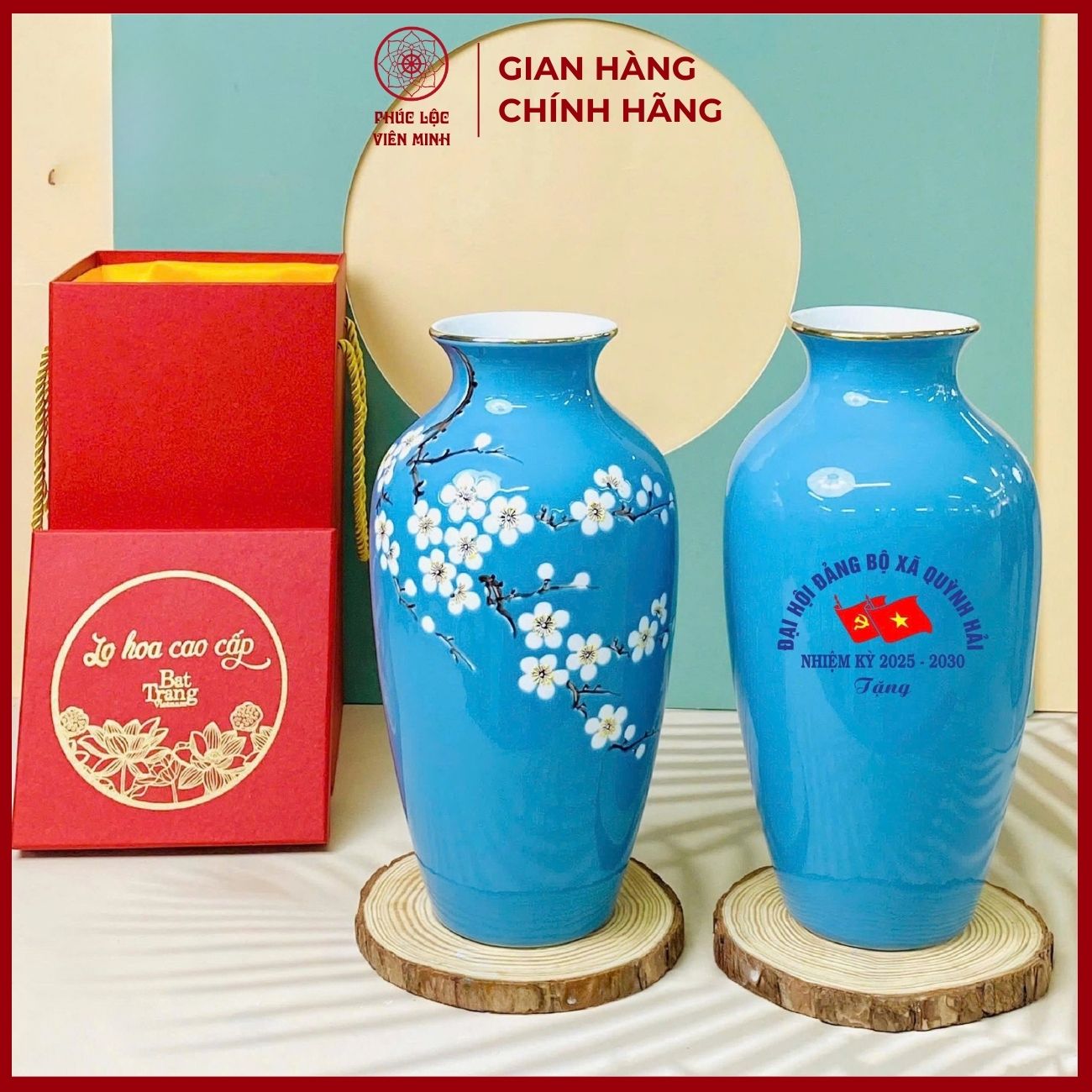 Bình Hoa In Logo Cao Cấp Gốm Sứ Bát Tràng - Phúc Lộc Viên Minh - LD029