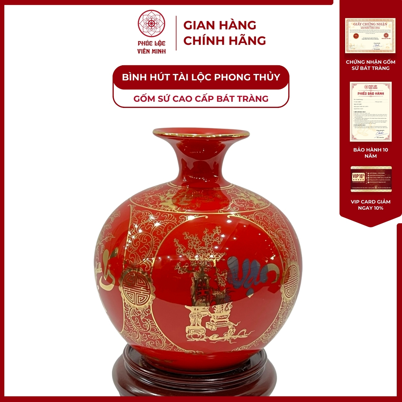 Bình Hút Lộc Tứ Cảnh Vạn Sự Như Ý Cổ Hoa Decal Vàng Kim Gốm Sứ Bát Tràng - Phúc Lộc Viên Minh