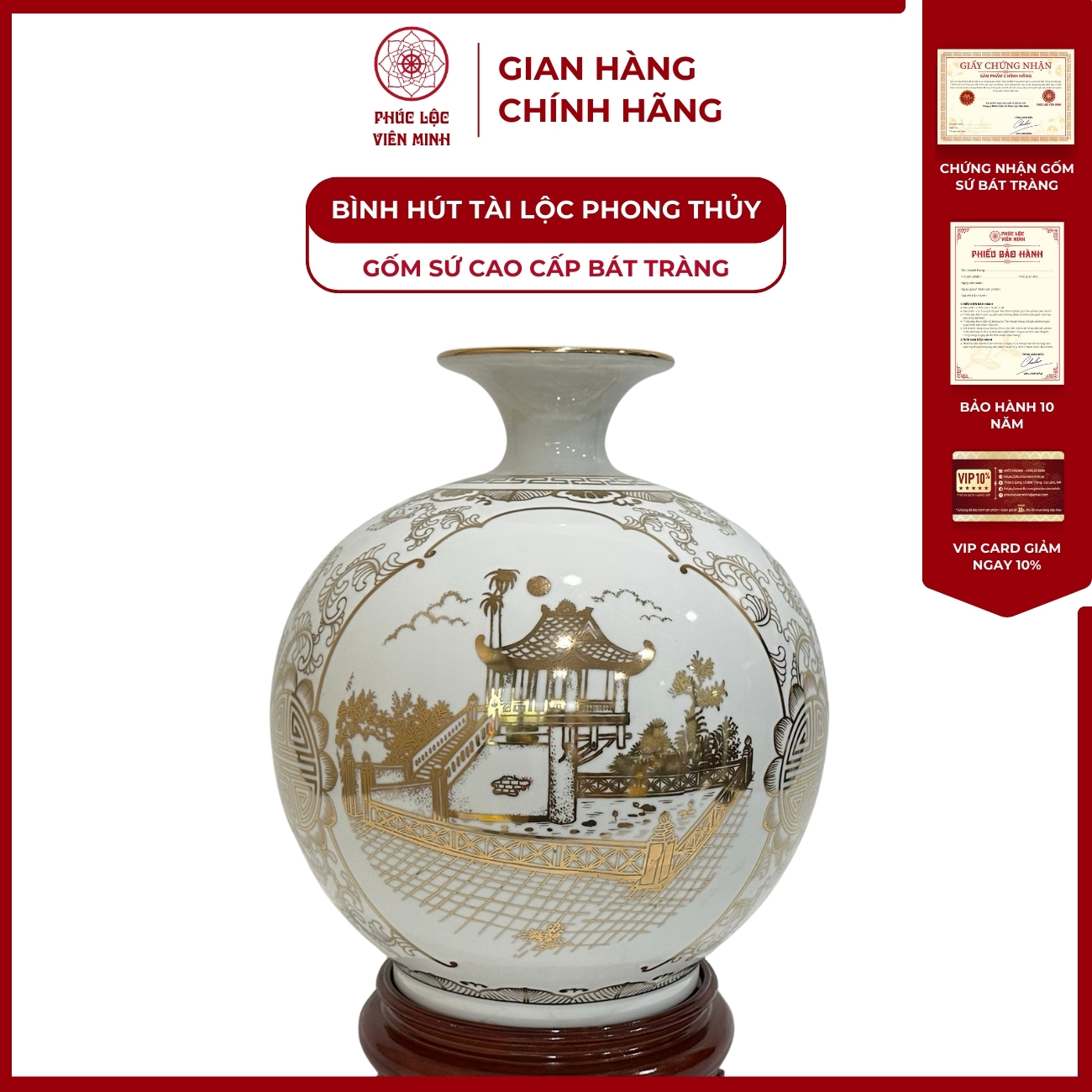 Bình Hút Lộc Tam Cảnh Hà Nội Dán Decal Vàng Kim Gốm Sứ Bát Tràng - Phúc Lộc Viên Minh
