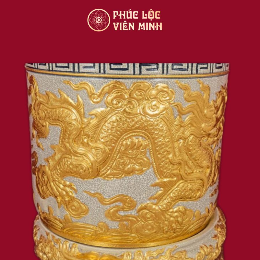 Bát Hương Song Long Chầu Nguyệt Men Rạn Dát Vàng Tây Gốm Sứ Bát Tràng - Phúc Lộc Viên Minh