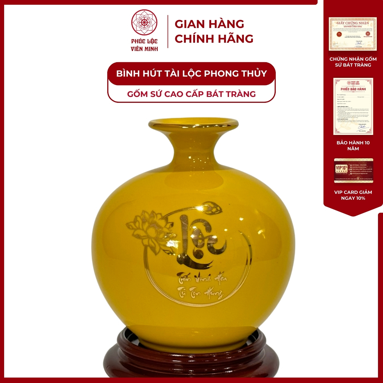 Bình Hút Lộc Chim Trĩ Lộc Dán Decal Vàng Kim Gốm Sứ Bát Tràng - Phúc Lộc Viên Minh
