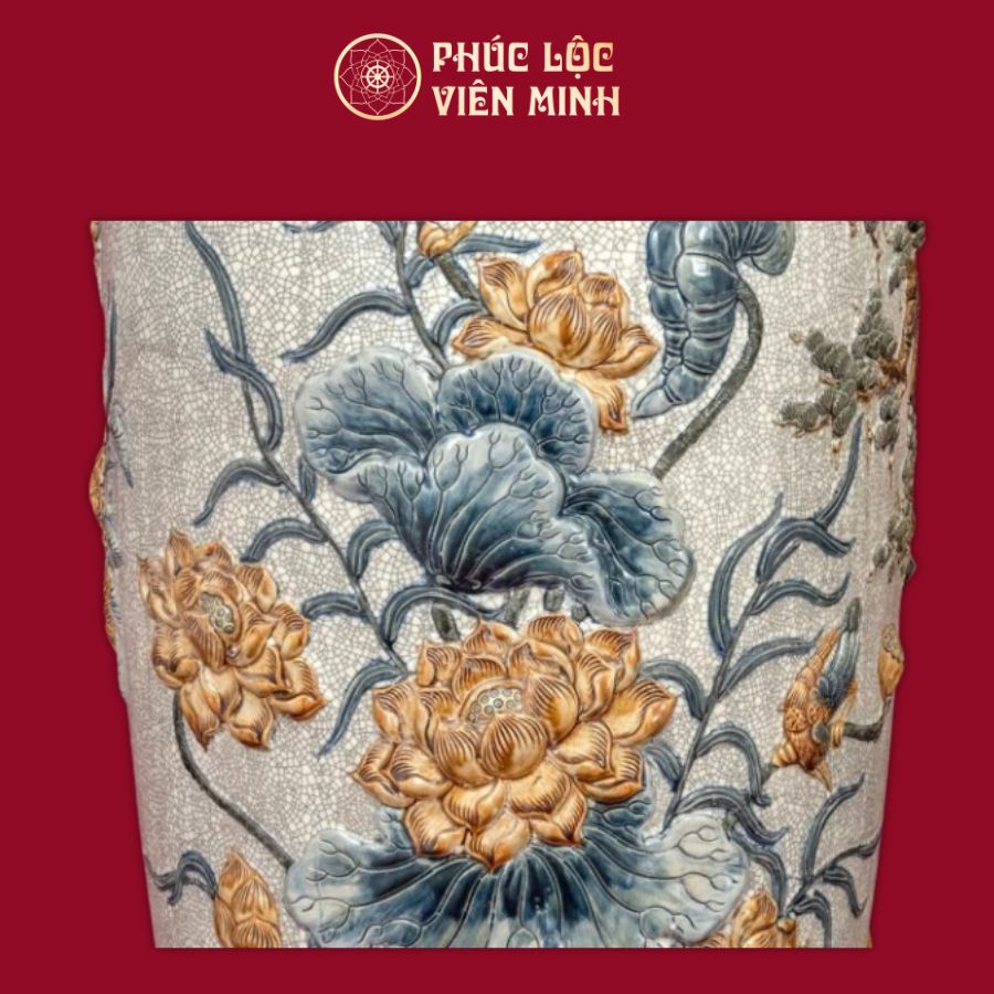 Lộc Bình Phú Quý Trường Xuân Đắp Nổi Men Rạn Cao Cấp Gốm Sứ Bát Tràng - Phúc Lộc Viên Minh