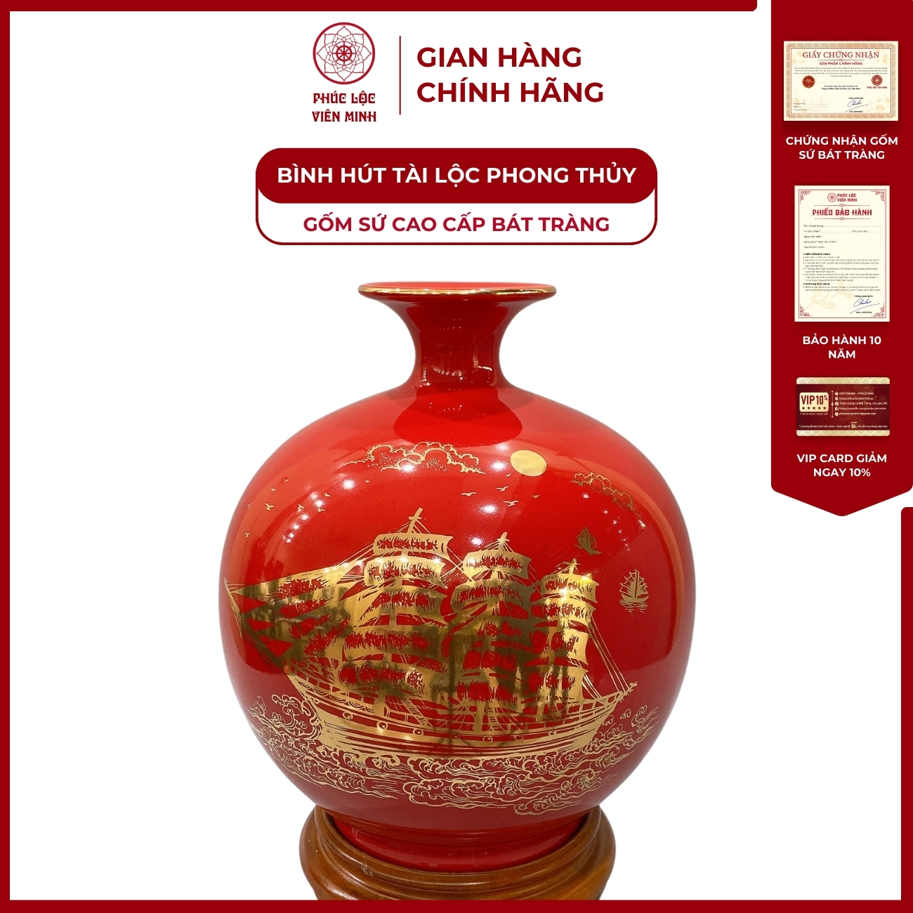 Bình Hút Lộc Thuận Buồm Xuôi Gió Dán Decal Vàng Kim Gốm Sứ Bát Tràng - Phúc Lộc Viên Minh