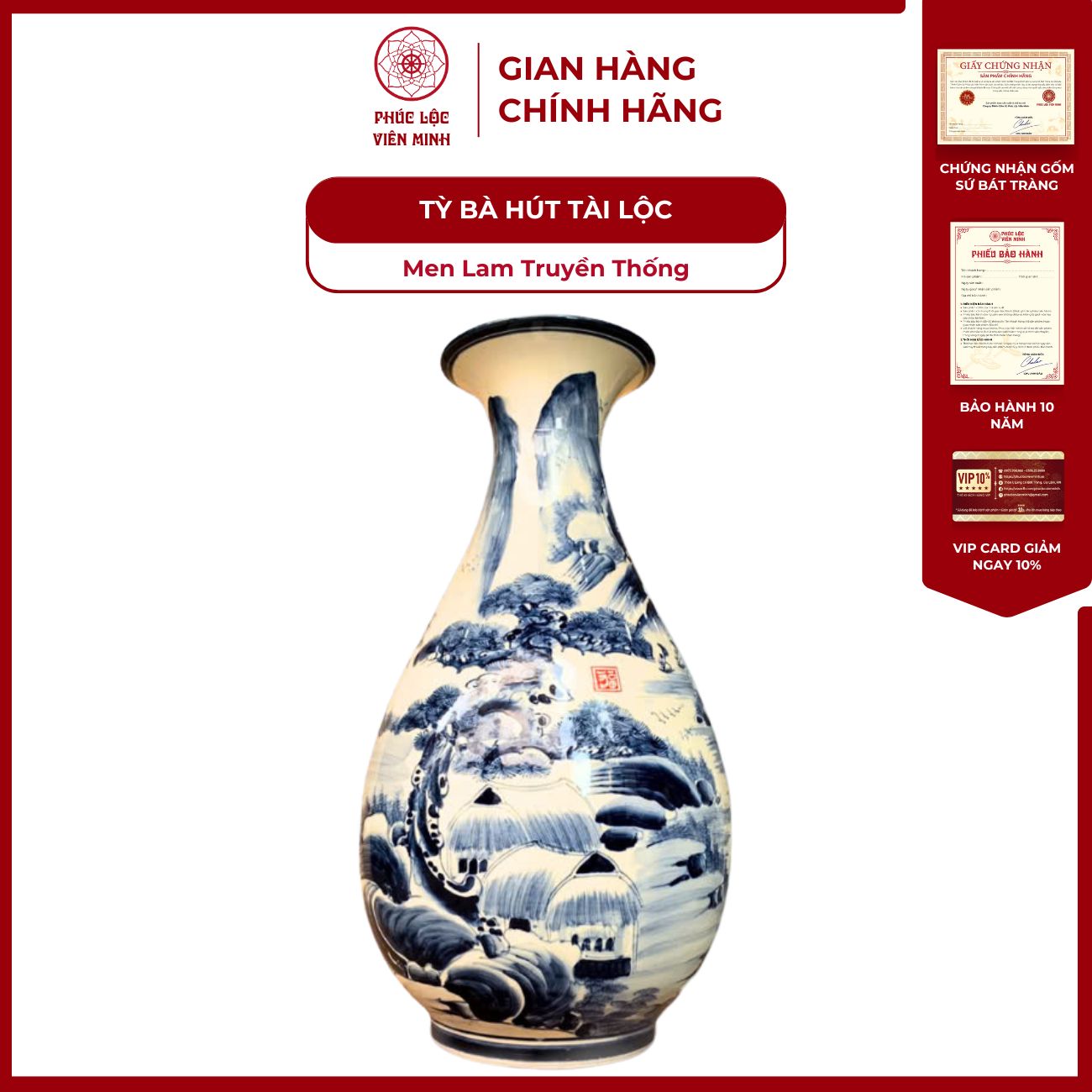 Tỳ Bà Phong Thủy Men Lam Gốm Sứ Bát Tràng - Phúc Lộc Viên Minh - PLVM1200