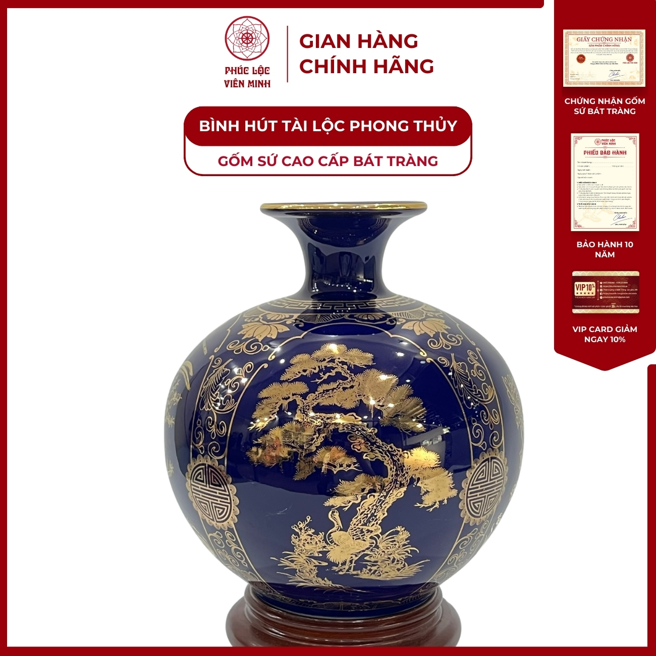Bình Hút Lộc Tứ Cảnh Decal Vàng Kim Gốm Sứ Bát Tràng - Phúc Lộc Viên Minh