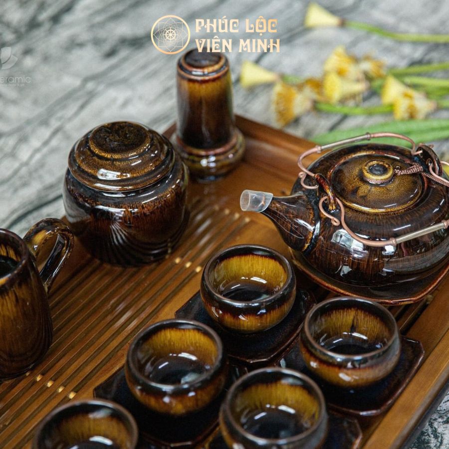 Bộ Ấm Chén Men Hổ Phách Cao Cấp Gốm Sứ Bát Tràng - Phúc Lộc Viên Minh