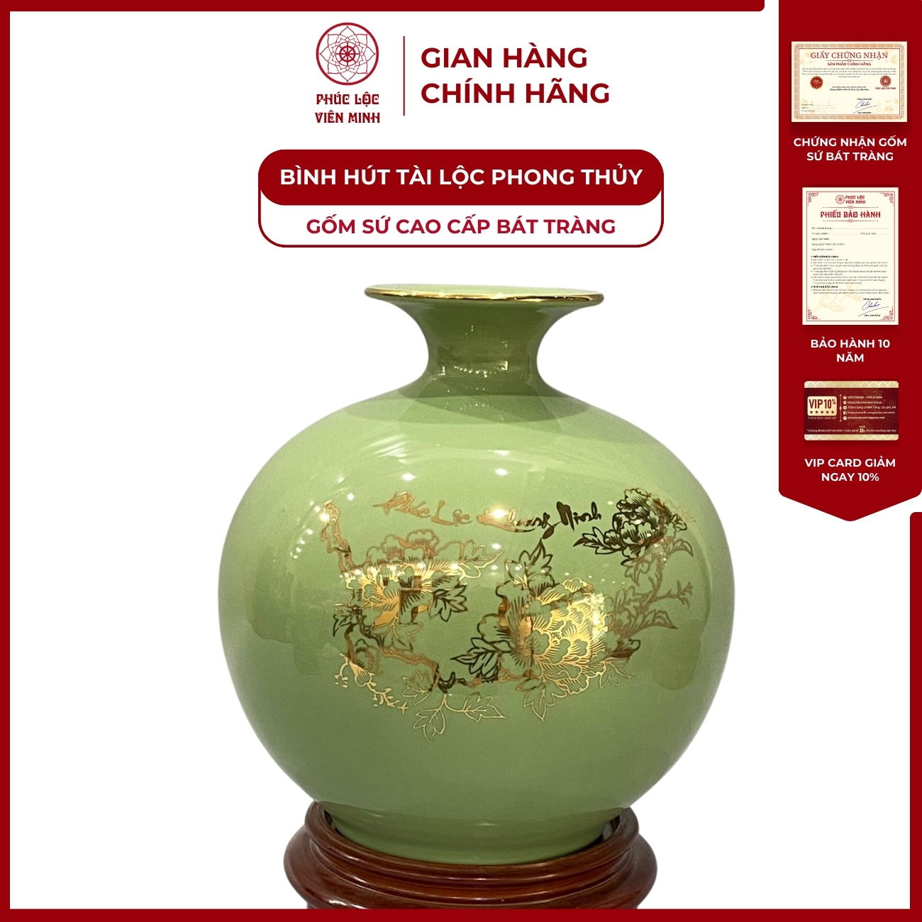 Bình Hút Lộc Phúc Lộc Khang Ninh Vẽ Vàng Kim Gốm Sứ Bát Tràng - Phúc Lộc Viên Minh