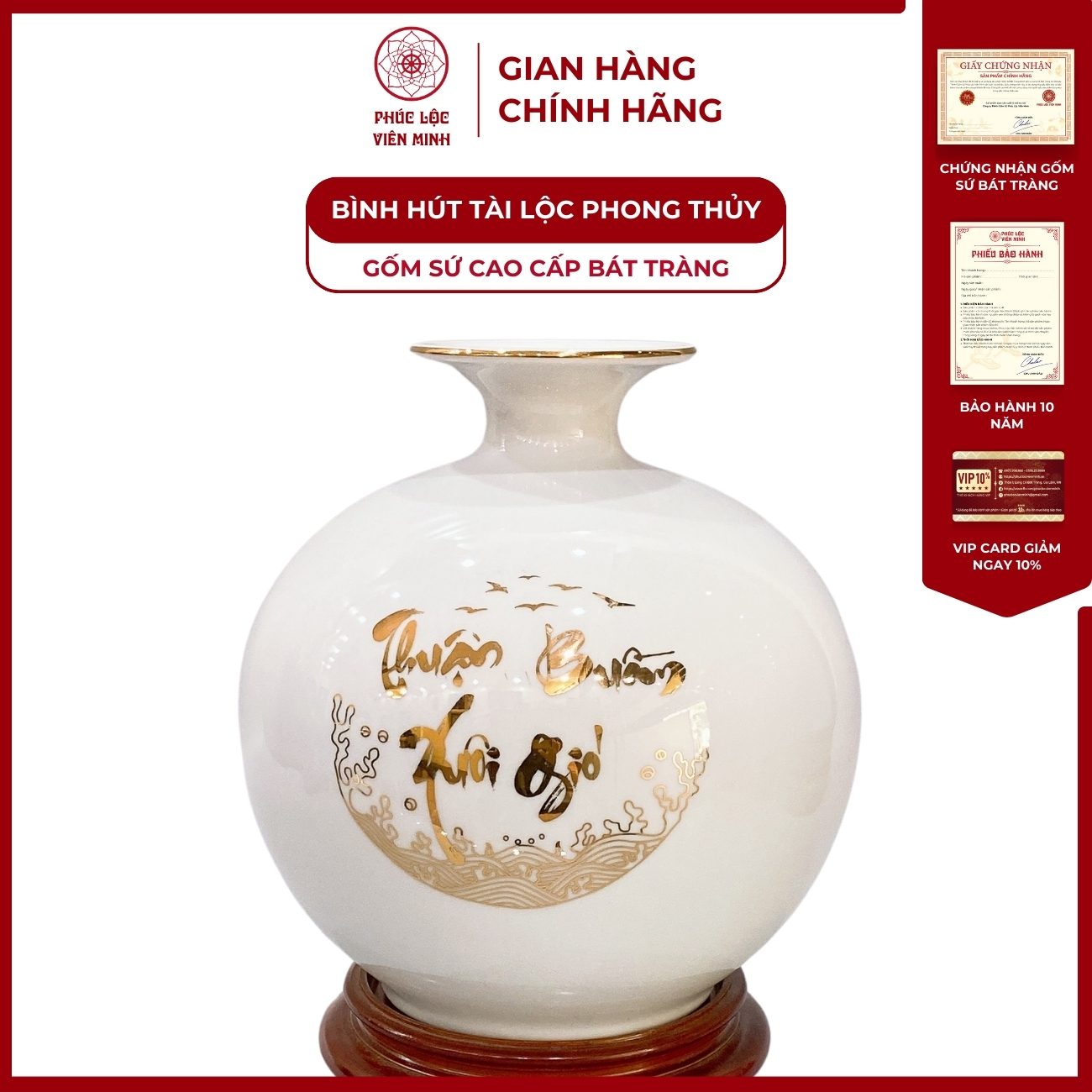 Bình Hút Lộc Thuận Buồm Xuôi Gió Dán Decal Vàng Kim Gốm Sứ Bát Tràng - Phúc Lộc Viên Minh