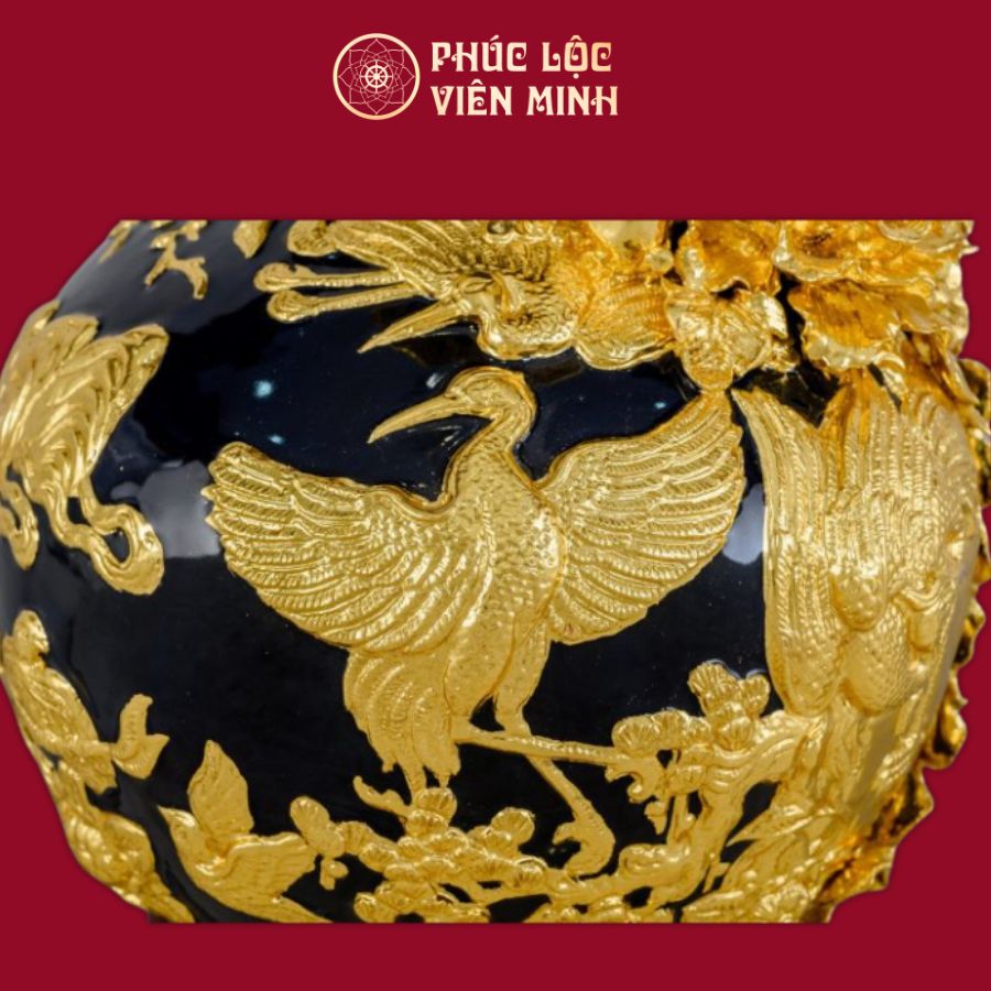 Bình Hút Lộc Phú Quý Trường Xuân Men Xanh Coban Dát Vàng Gốm Sứ Bát Tràng - Phúc Lộc Viên Minh