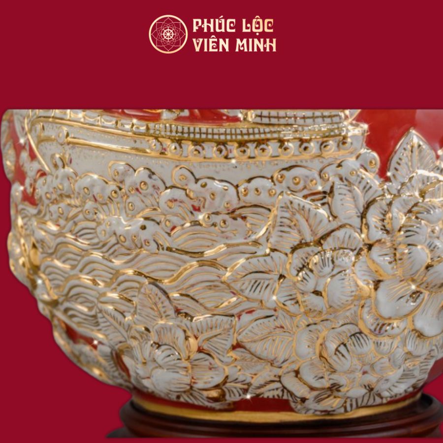 Bình Hút Lộc Thuận Buồm Xuôi Gió Men Đỏ Họa Tiết Trắng Vẽ Vàng Gốm Sứ Bát Tràng - Phúc Lộc Viên Minh