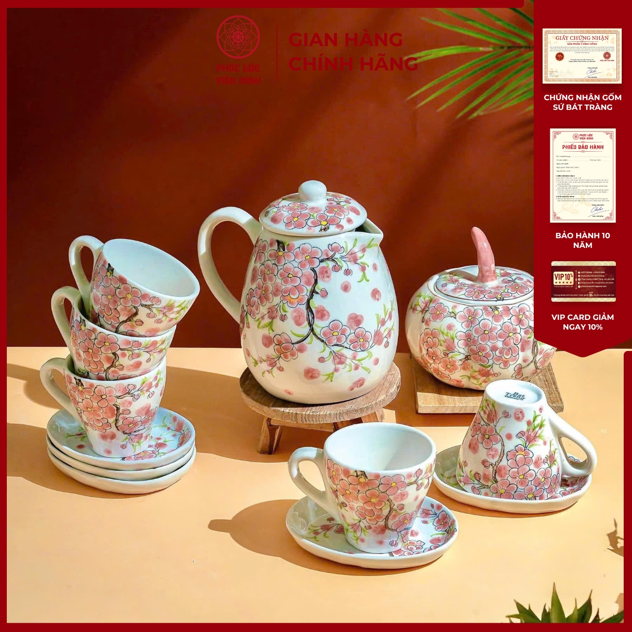 Bộ Ấm Chén Đào Hồng Gốm Sứ Bát Tràng - Phúc Lộc Viên Minh - PL018