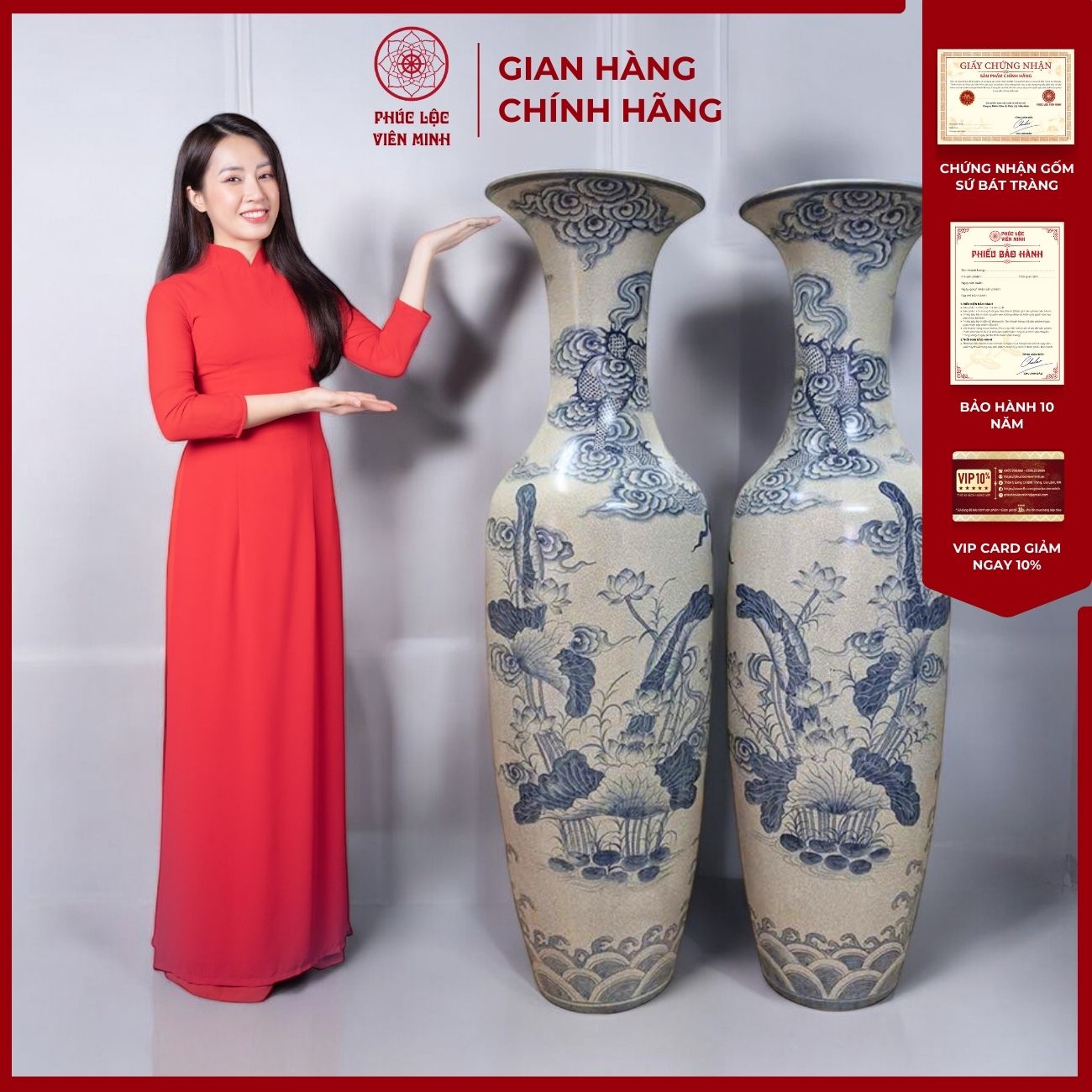 Đôi Lộc Bình Họa Tiết Đơn Cảnh Gốm Sứ Bát Tràng - Phúc Lộc Viên Minh - PL072