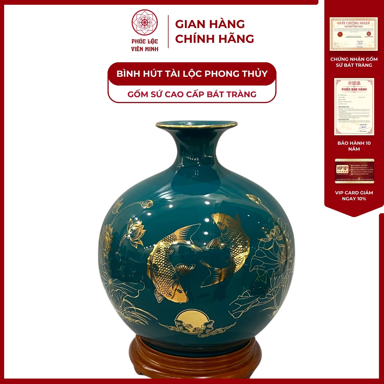 Bình Hút Lộc Vạn Sự Như Ý Dán Decal Vàng Kim Gốm Sứ Bát Tràng - Phúc Lộc Viên Minh