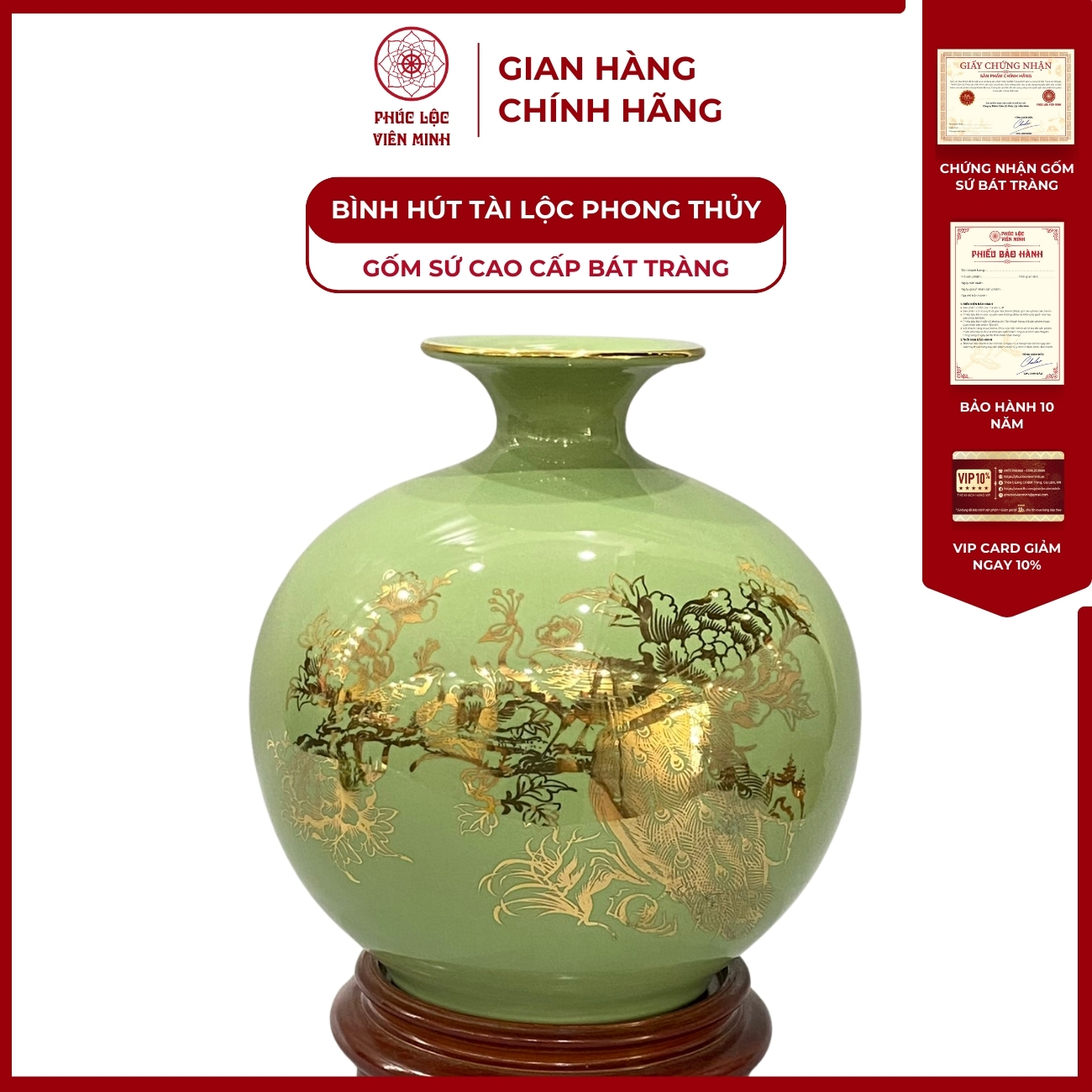 Bình Hút Lộc Phúc Lộc Khang Ninh Vẽ Vàng Kim Gốm Sứ Bát Tràng - Phúc Lộc Viên Minh