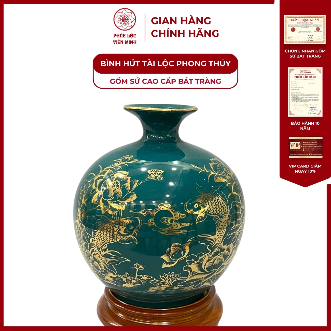 Bình Hút Lộc Song Ngư Vọng Nguyệt Dán Decal Vàng Kim Gốm Sứ Bát Tràng - Phúc Lộc Viên Minh