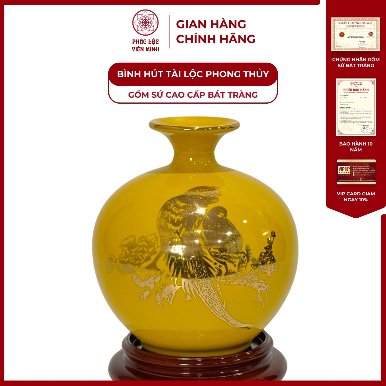 Bình Hút Lộc Chim Trĩ Lộc Dán Decal Vàng Kim Gốm Sứ Bát Tràng - Phúc Lộc Viên Minh