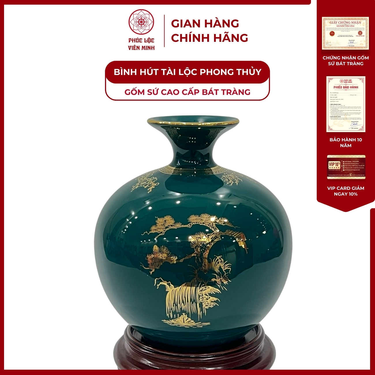 Bình Hút Lộc Thuận Buồm Xuôi Gió Dán Decal Vàng Kim Gốm Sứ Bát Tràng - Phúc Lộc Viên Minh