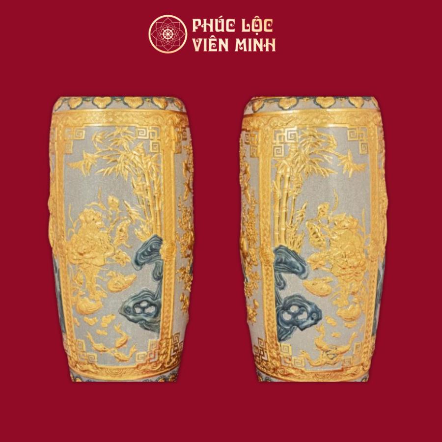 Lộc Bình Tứ Cảnh 1M4 Men Rạn Đắp Nổi Dát Vàng Gốm Sứ Bát Tràng - Phúc Lộc Viên Minh