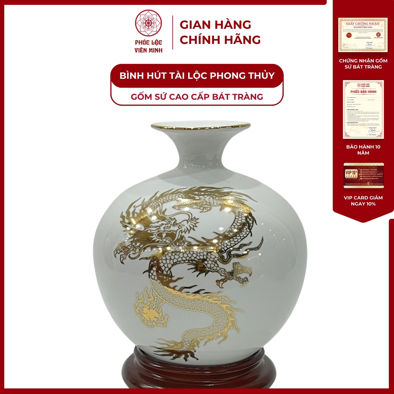 Bình Hút Lộc Phúc Long Tấn Lộc Dán Decal Vàng Kim Gốm Sứ Bát Tràng - Phúc Lộc Viên Minh