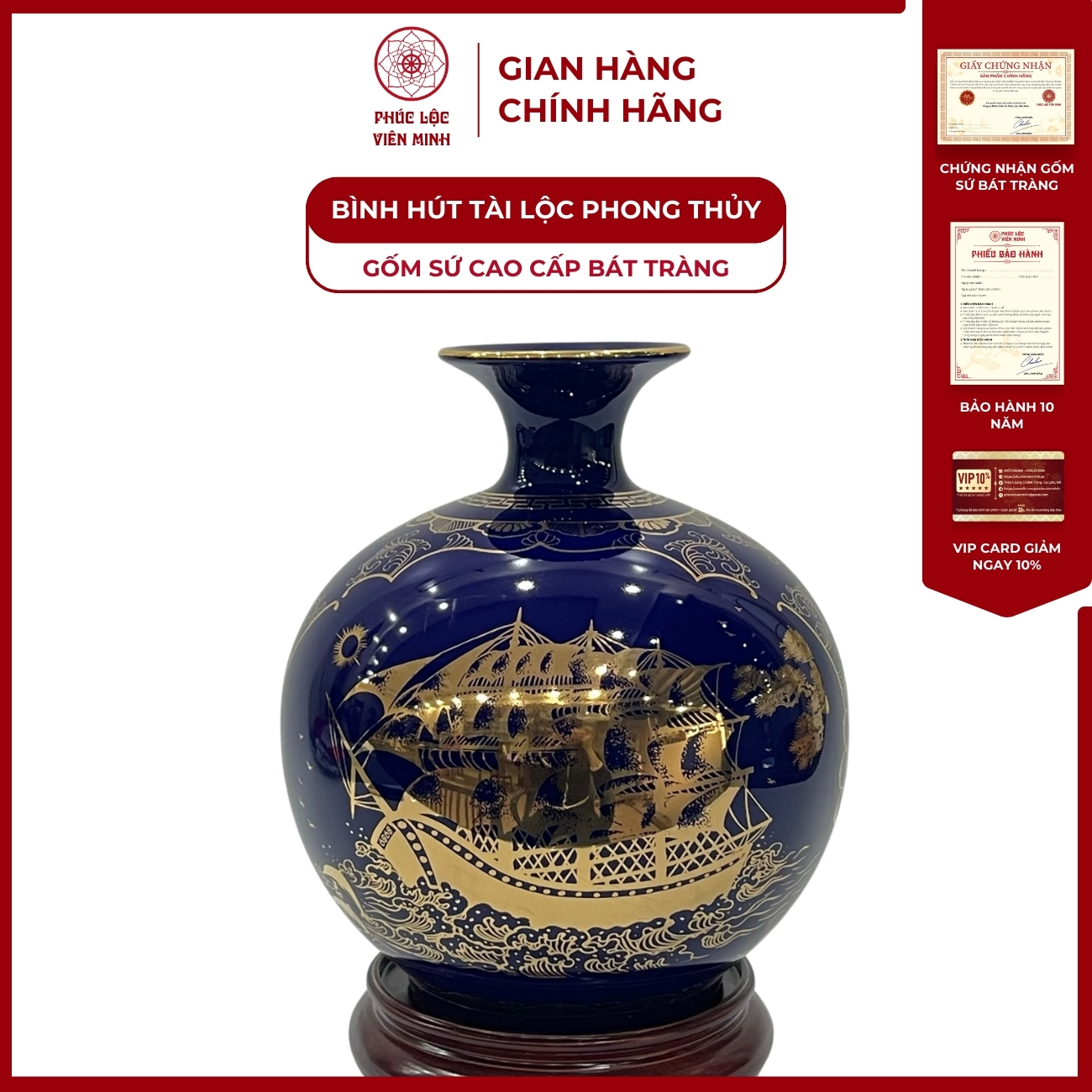 Bình Hút Lộc Nhị Cảnh Thuận Buồm Xuôi Gió, Tài Lộc Dán Decal Vàng Kim Gốm Sứ Bát Tràng - Phúc Lộc Viên Minh