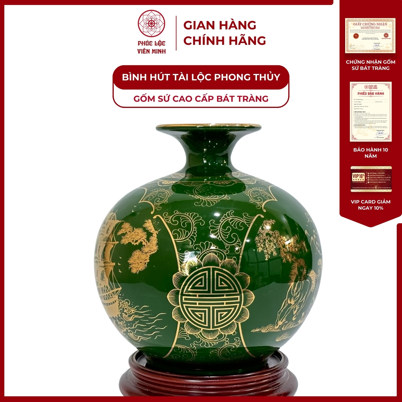 Bình Hút Lộc Nhị Cảnh Thuận Buồm Xuôi Gió, Mã Đáo Thành Công Dán Decal Vàng Kim Gốm Sứ Bát Tràng - Phúc Lộc Viên Minh
