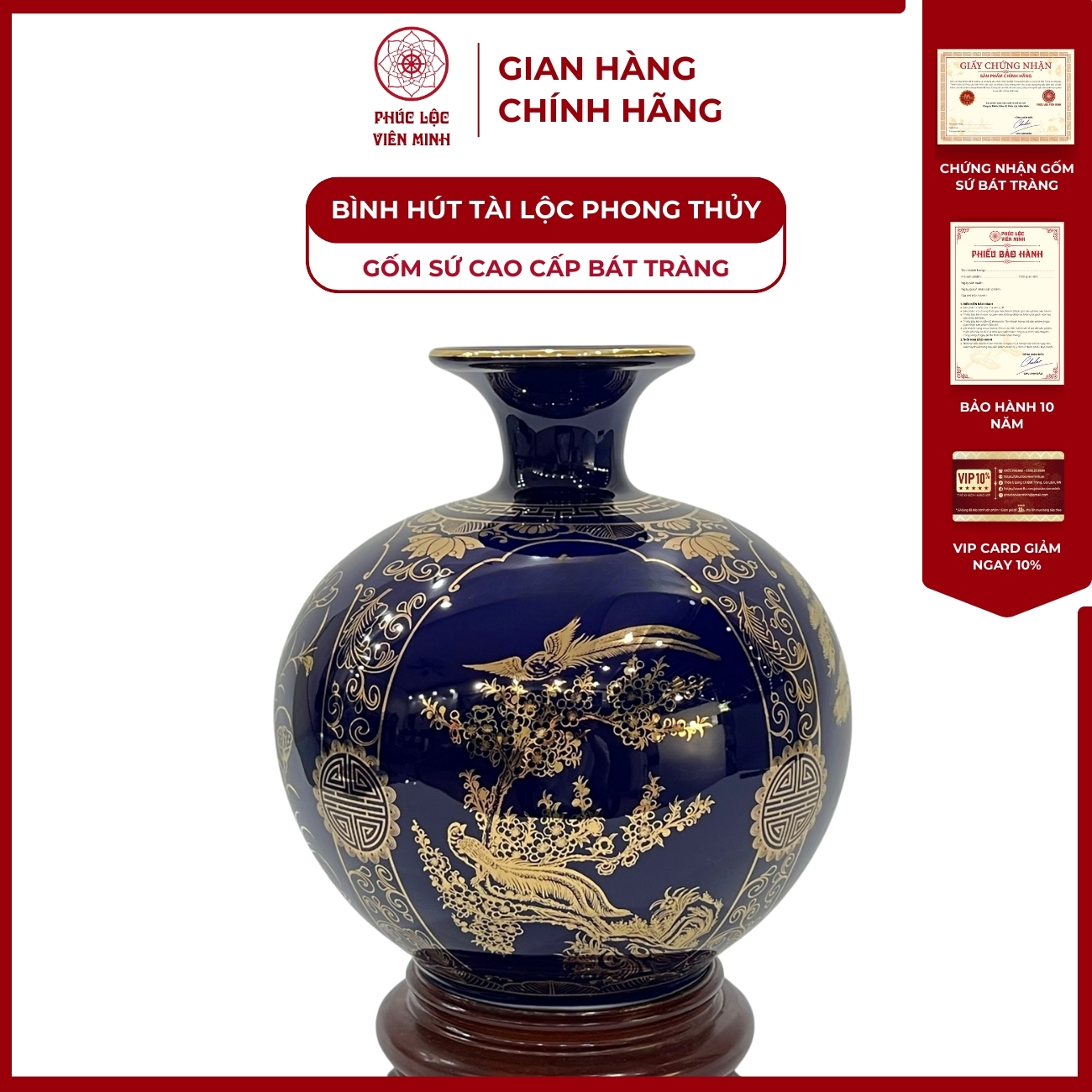 Bình Hút Lộc Tứ Cảnh Decal Vàng Kim Gốm Sứ Bát Tràng - Phúc Lộc Viên Minh