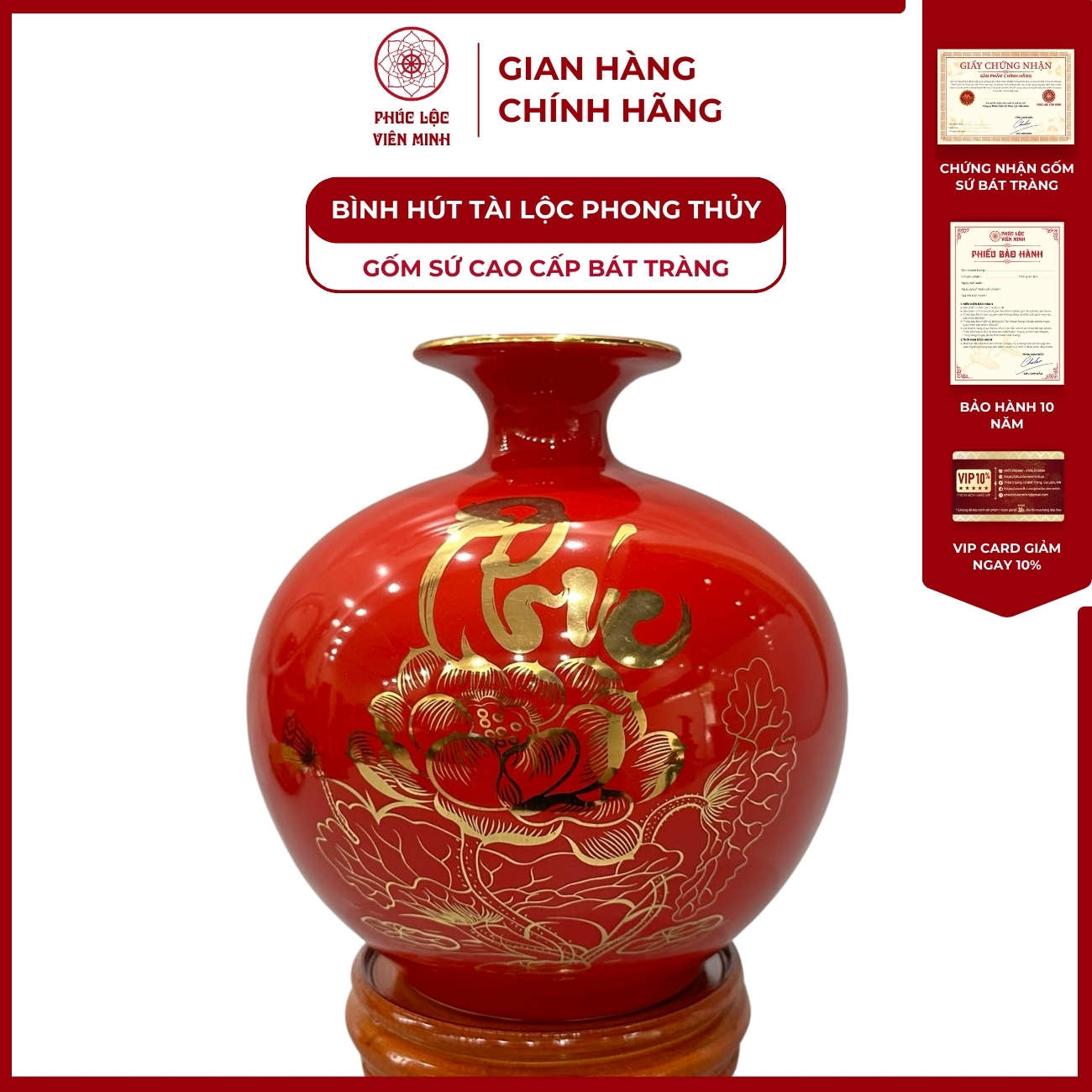 Bình Hút Lộc Chữ Phúc Lộc Dán Decal Vàng Kim Gốm Sứ Bát Tràng - Phúc Lộc Viên Minh