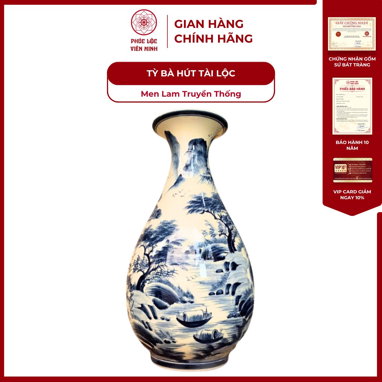 Tỳ Bà Phong Thủy Men Lam Gốm Sứ Bát Tràng - Phúc Lộc Viên Minh - PLVM1201