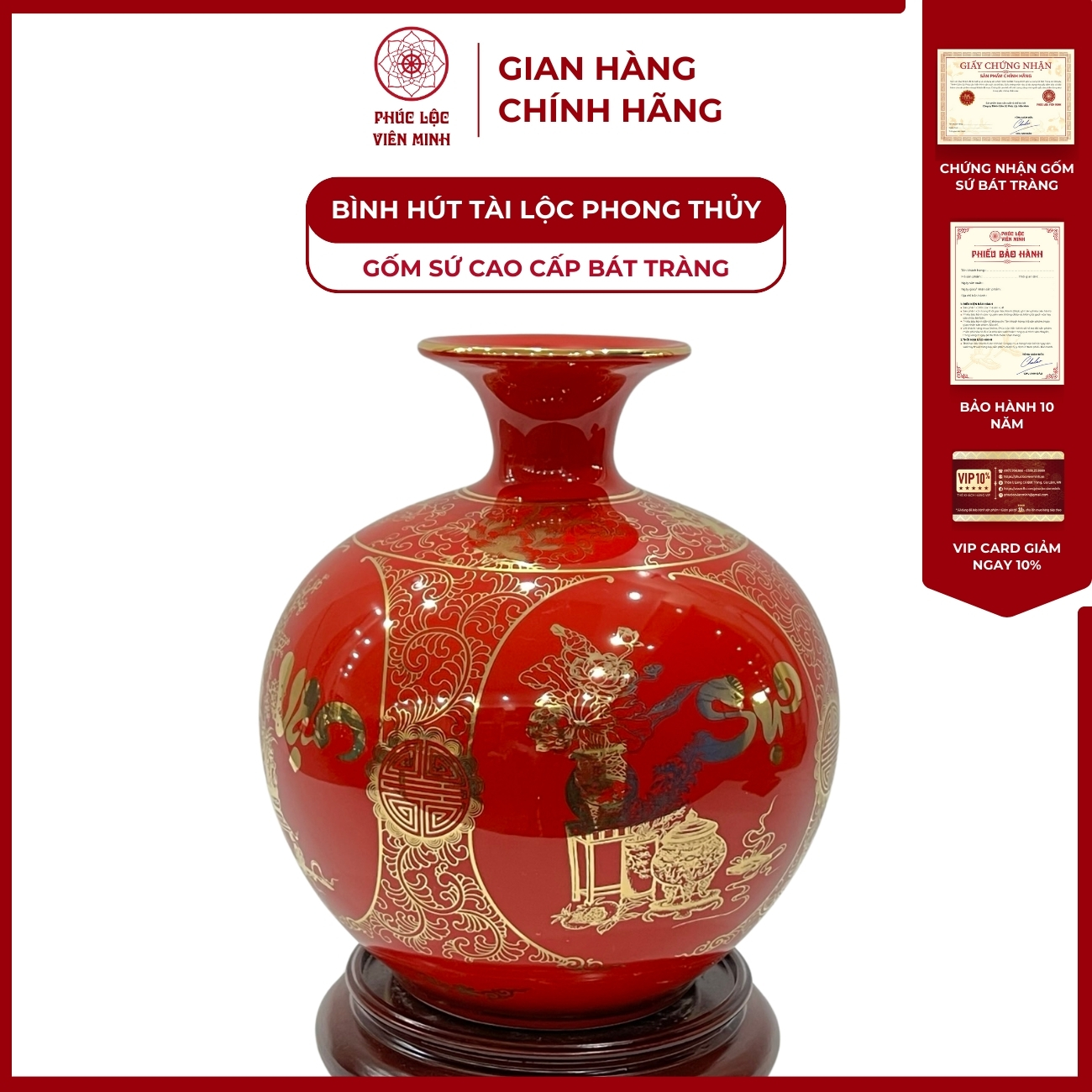 Bình Hút Lộc Tứ Cảnh Vạn Sự Như Ý Cổ Hoa Decal Vàng Kim Gốm Sứ Bát Tràng - Phúc Lộc Viên Minh