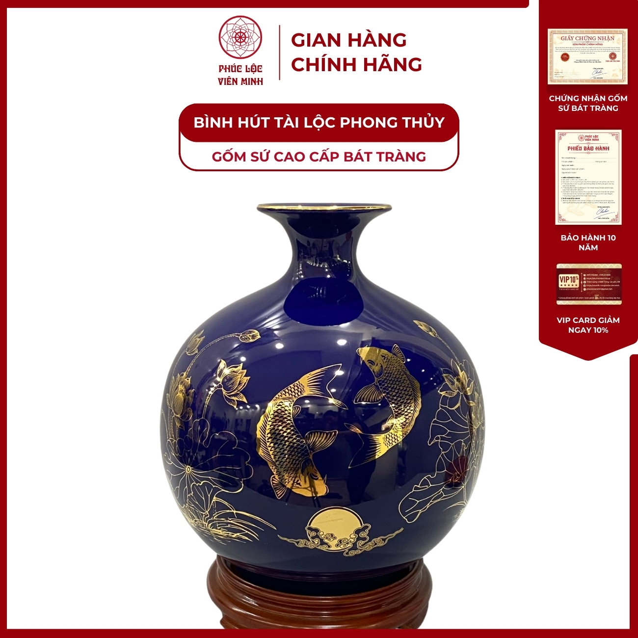 Bình Hút Lộc Vạn Sự Như Ý Dán Decal Vàng Kim Gốm Sứ Bát Tràng - Phúc Lộc Viên Minh