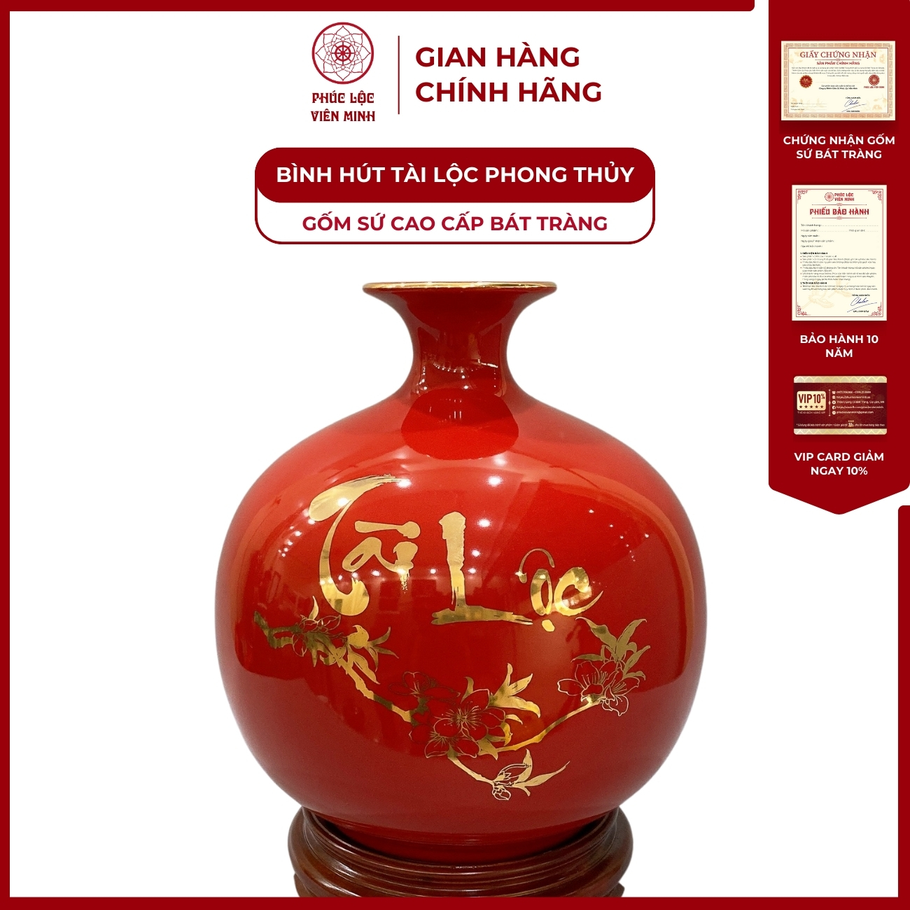 Bình Hút Lộc Chim Công Tài Lộc Dán Decal Vàng Kim Gốm Sứ Bát Tràng - Phúc Lộc Viên Minh