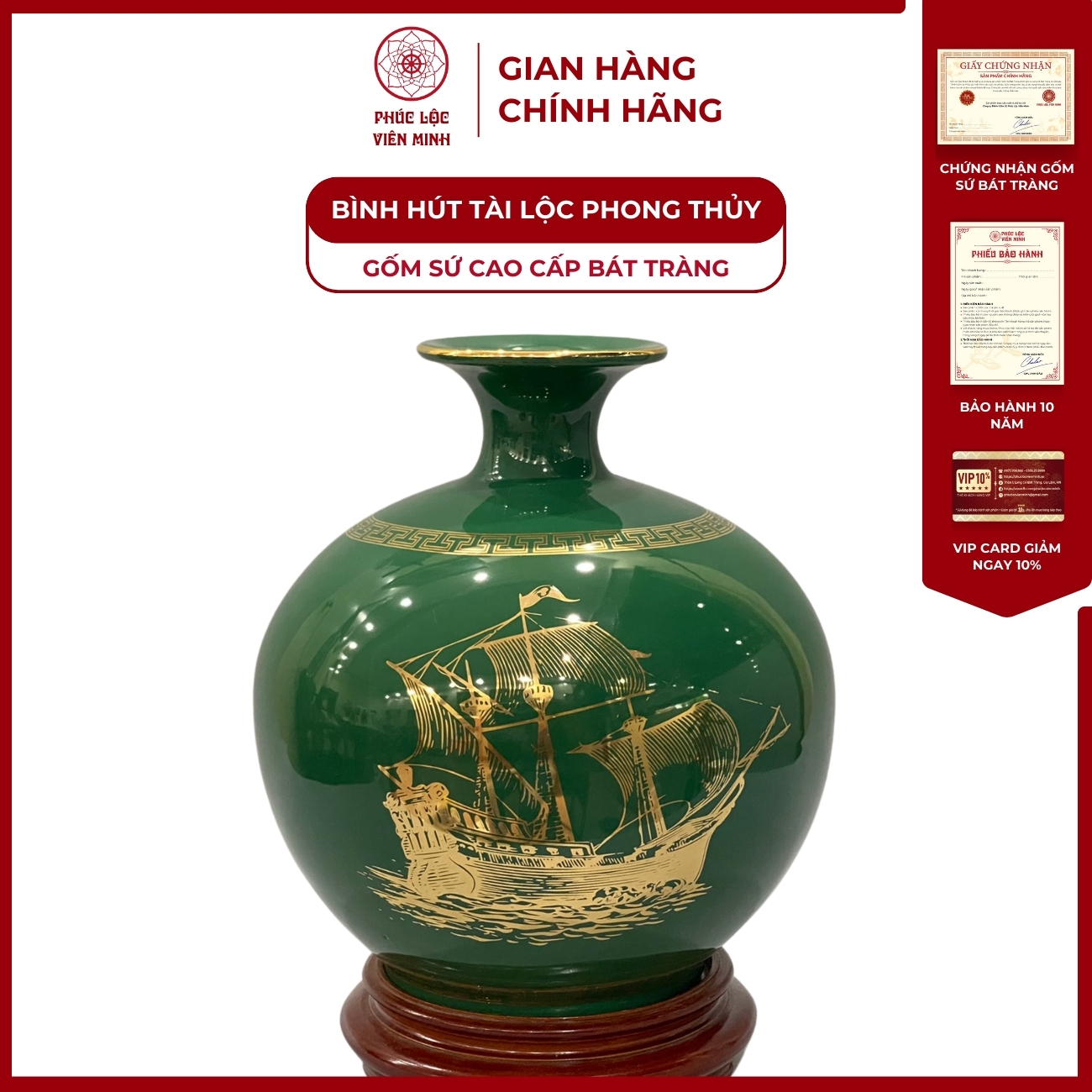 Bình Hút Lộc Thuận Buồm Xuôi Gió Dán Decal Vàng Kim Gốm Sứ Bát Tràng - Phúc Lộc Viên Minh