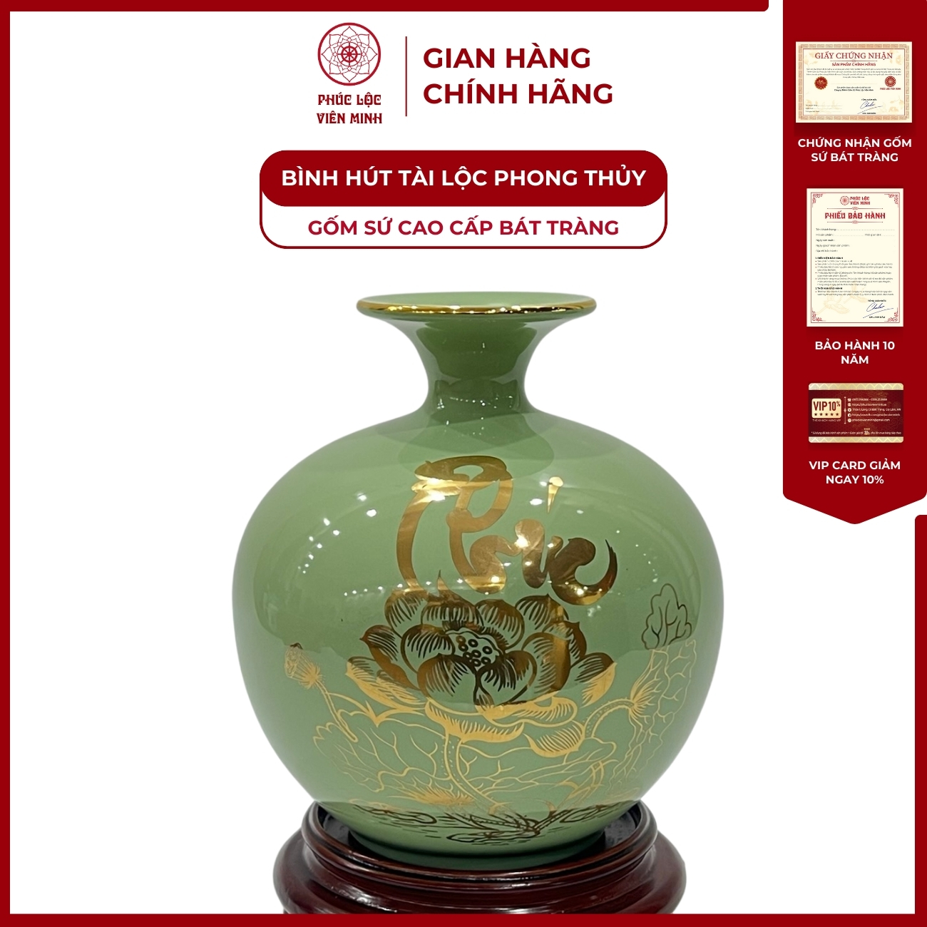 Bình Hút Lộc Chữ Phúc Lộc Dán Decal Vàng Kim Gốm Sứ Bát Tràng - Phúc Lộc Viên Minh