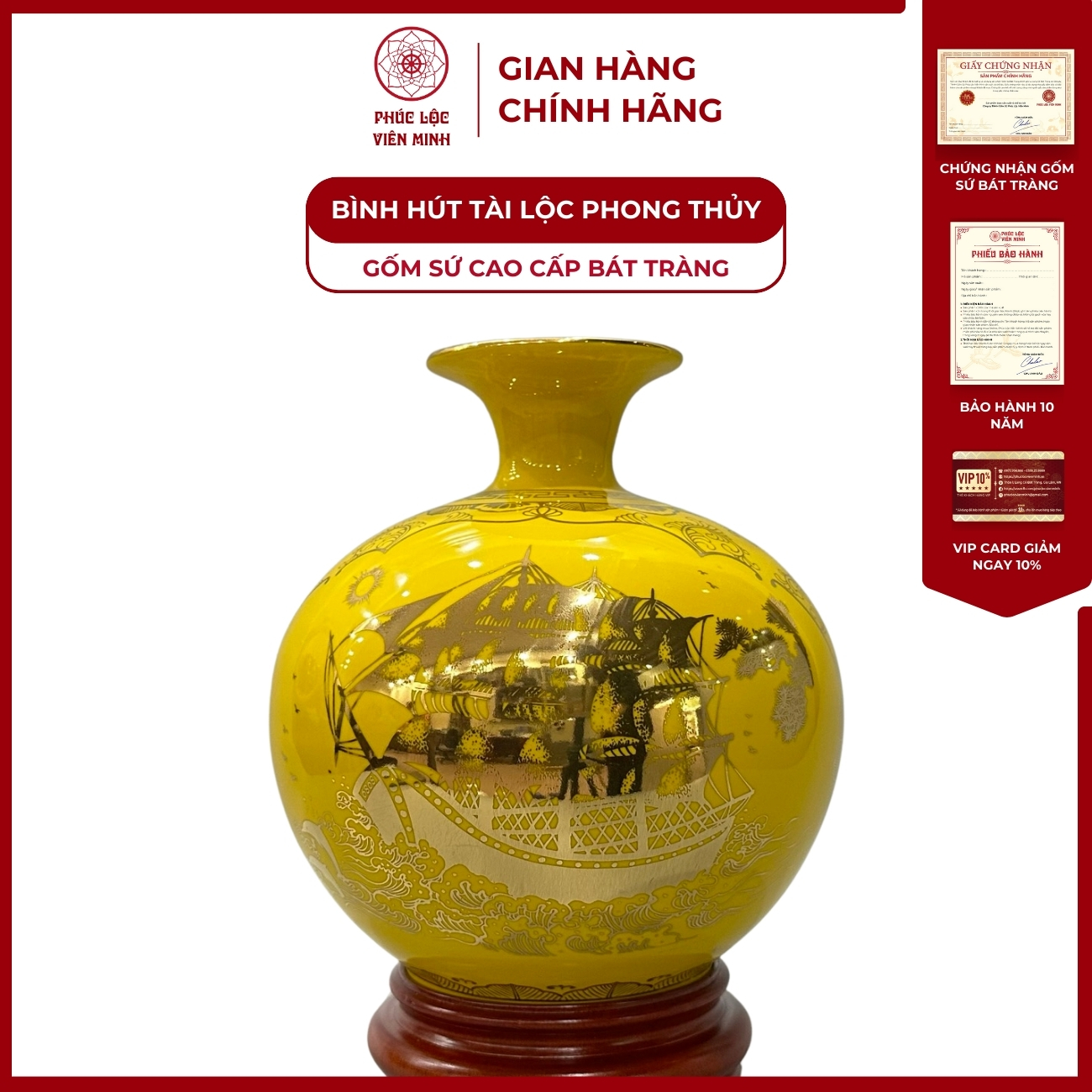 Bình Hút Lộc Nhị Cảnh Thuận Buồm Xuôi Gió, Tài Lộc Dán Decal Vàng Kim Gốm Sứ Bát Tràng - Phúc Lộc Viên Minh