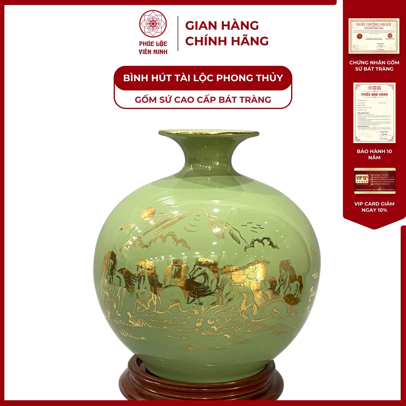Bình Hút Lộc Mã Đáo Thành Công Dán Decal Vàng Kim Gốm Sứ Bát Tràng - Phúc Lộc Viên Minh
