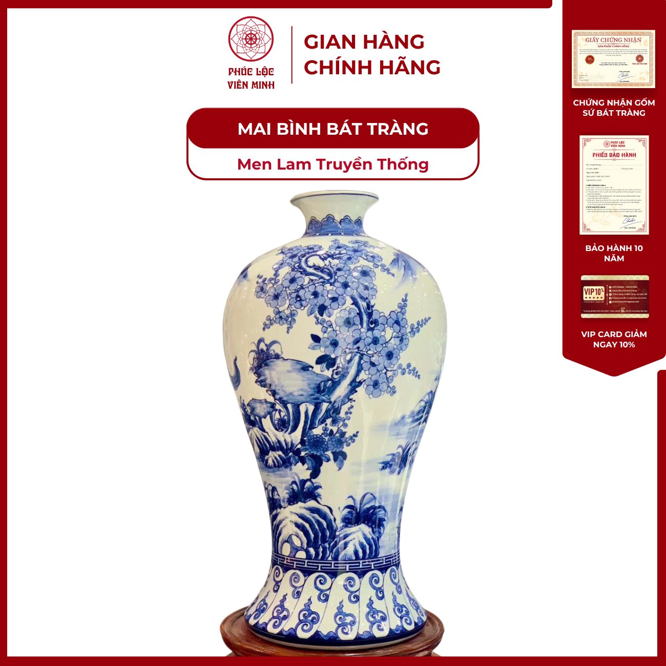 Mai Bình Bát Tràng Men Lam Vẽ Thủ Công - Phúc Lộc Viên Minh - PLMB0007
