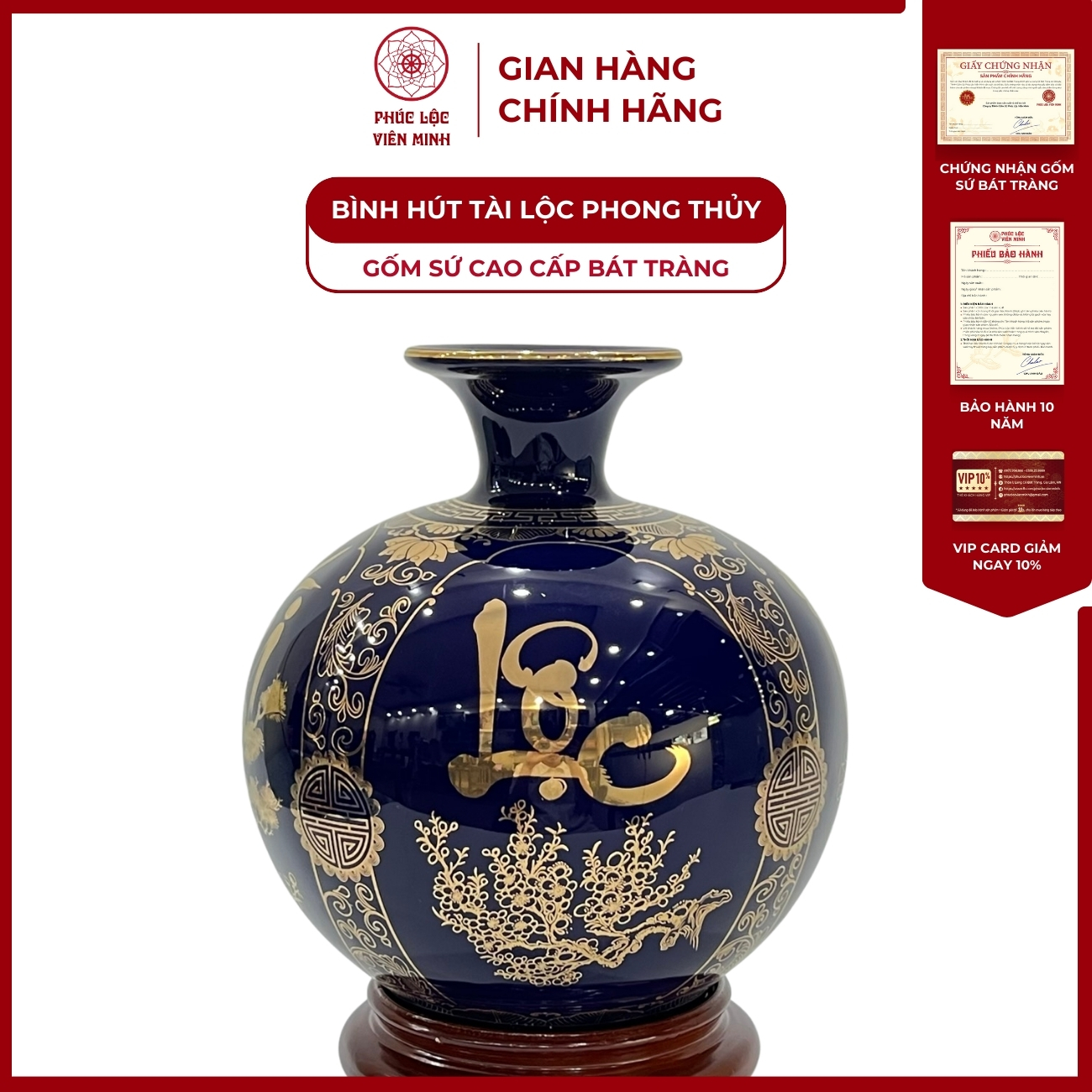 Bình Hút Lộc Tứ Cảnh Phúc Đức Tài Lộc Decal Vàng Kim Gốm Sứ Bát Tràng - Phúc Lộc Viên Minh