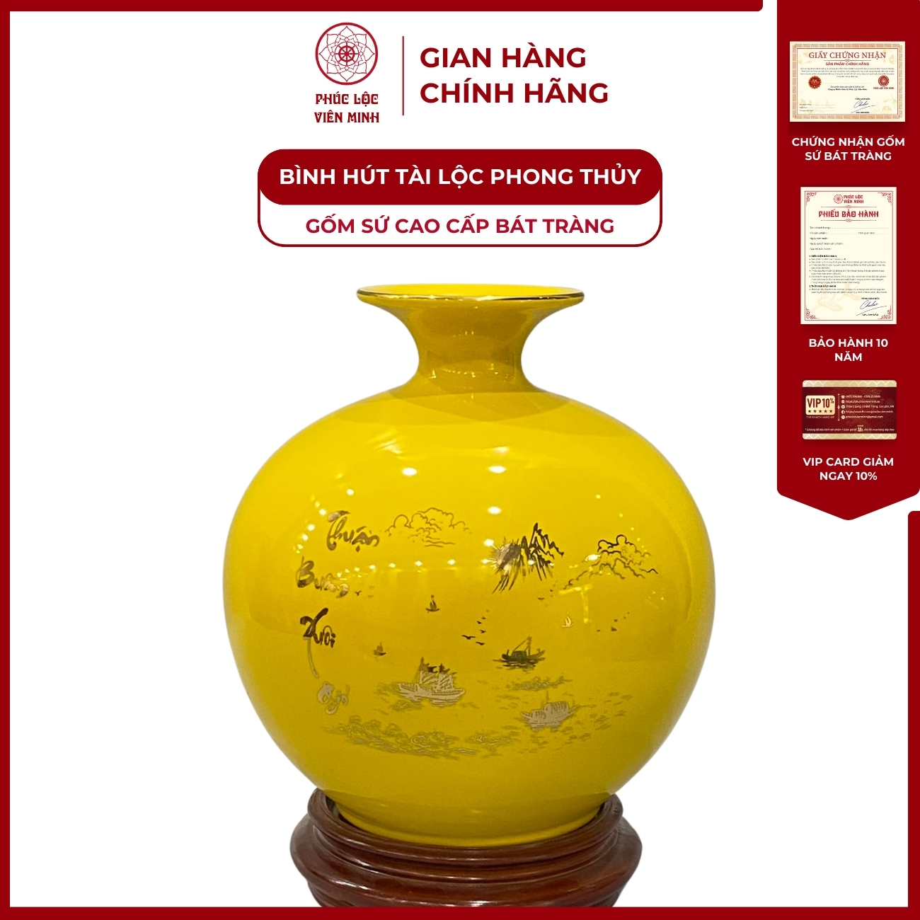 Bình Hút Lộc Thuận Buồm Xuôi Gió Dán Decal Vàng Kim Gốm Sứ Bát Tràng - Phúc Lộc Viên Minh
