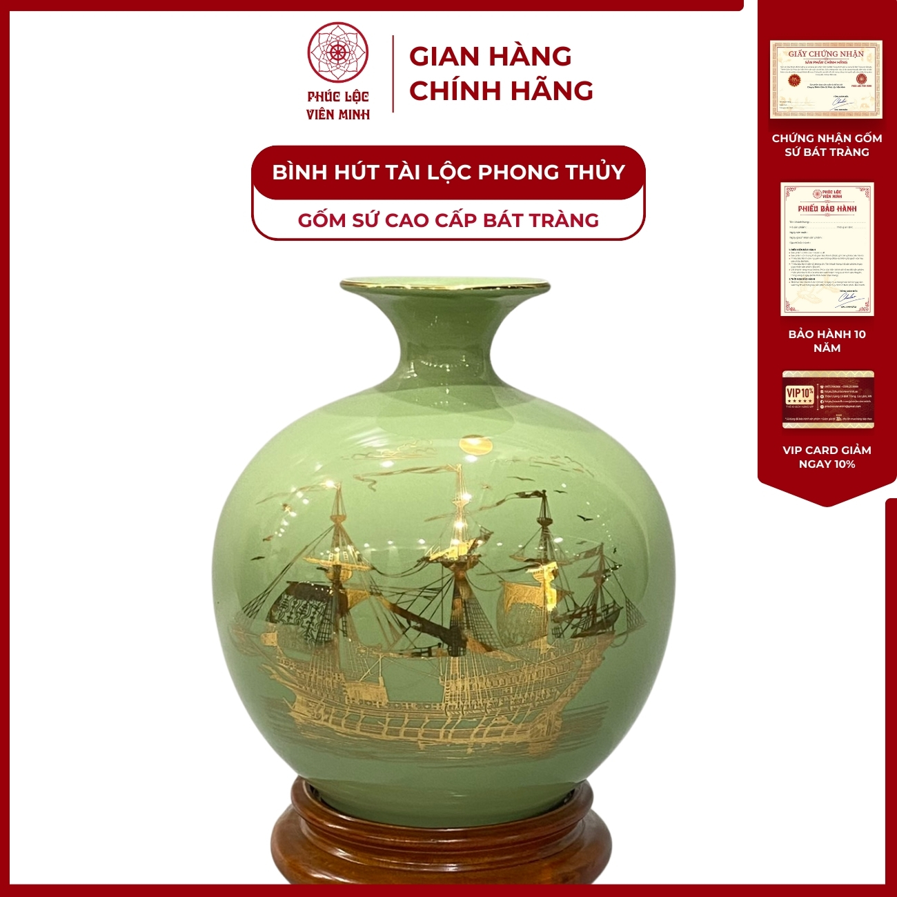 Bình Hút Lộc Thuận Buồm Xuôi Gió Dán Decal Vàng Kim Gốm Sứ Bát Tràng - Phúc Lộc Viên Minh