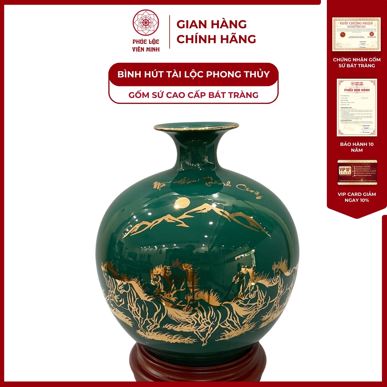 Bình Hút Lộc Mã Đáo Thành Công Dán Decal Vàng Kim Gốm Sứ Bát Tràng - Phúc Lộc Viên Minh