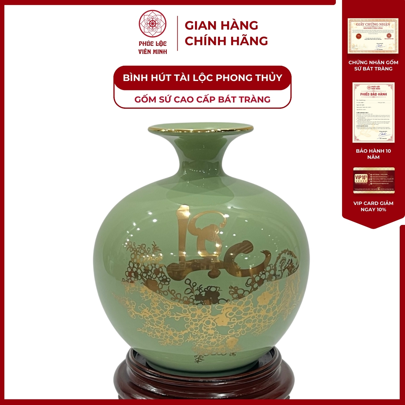 Bình Hút Lộc Chữ Phúc Lộc Dán Decal Vàng Kim Gốm Sứ Bát Tràng - Phúc Lộc Viên Minh
