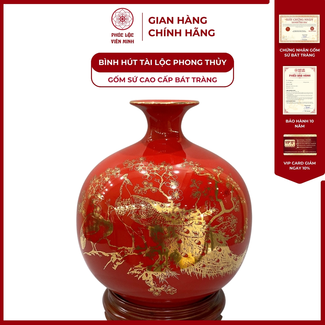 Bình Hút Lộc Chim Công Tài Lộc Dán Decal Vàng Kim Gốm Sứ Bát Tràng - Phúc Lộc Viên Minh