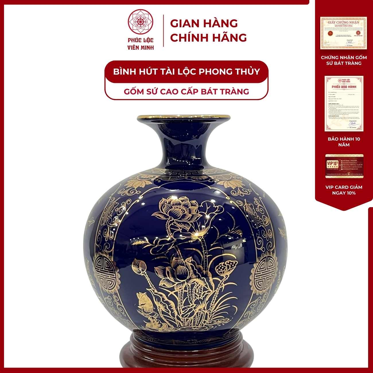 Bình Hút Lộc Tứ Cảnh Decal Vàng Kim Gốm Sứ Bát Tràng - Phúc Lộc Viên Minh